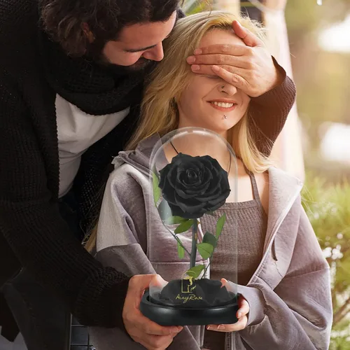 Vista 4 de SW Rosa Negra Eternamente Preservada y Real para Regalo de Cumpleaños para Mamá y Mujeres, Flor Eterna de San Valentín en Regalos de Vidrio