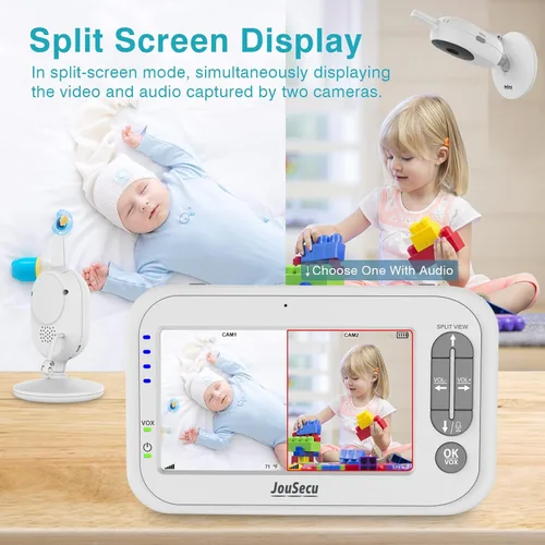 Vista 3 de Monitor de bebé con 2 cámaras, monitor de bebé de video, pantalla dividida LCD de 4.3 pulgadas, audio de 2 vías, detección de llanto, visión