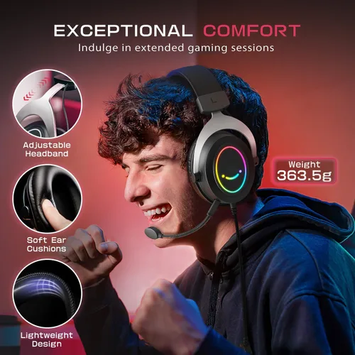 Vista 3 de FIFINE Auriculares RGB para juegos, cómodos auriculares sobre la oreja con micrófono, conexión de conector de audio con cable, auriculares de cuero