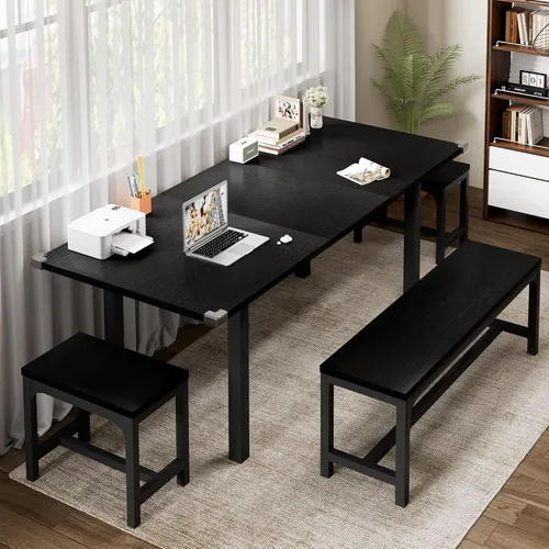 Vista 7 de Feonase Juego de mesa de comedor de 5 piezas para 4-8 personas, juego de mesa de cocina grande extensible de 63 pulgadas con 2 bancos y 2 taburetes