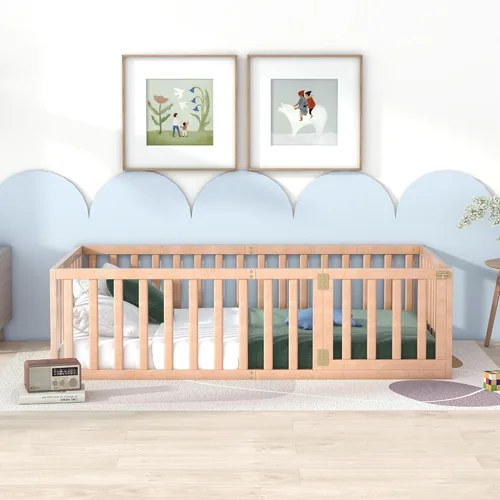 Vista 4 de Harper & Bright Designs Montessori - Cama de suelo individual con valla y puerta, marco de madera para niños y niñas (tamaño individual, natural)
