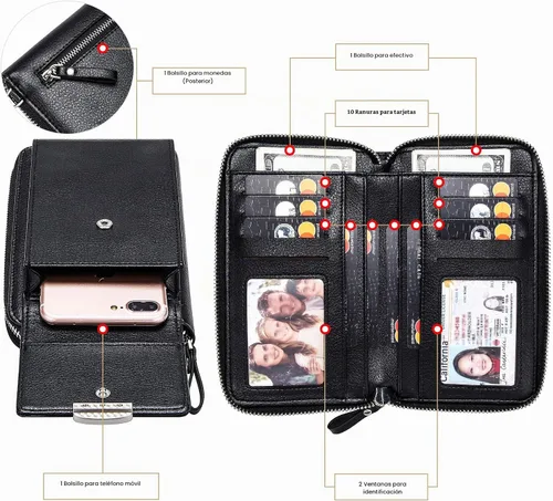 Vista 7 de KUKOO Small Crossbody Bag Cell Phone Purse Wallet with Credit Card Slots for Women A- Versión mejorada con cremallera gris