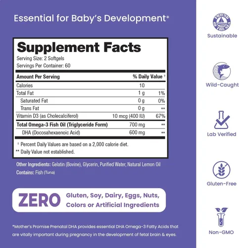 DHA prenatal para mujeres 600 mg + 400 UI de vitamina D3 | 120 cápsulas blandas | Apoya la salud cerebral | Triglicérido Omega 3 Aceite de pescado