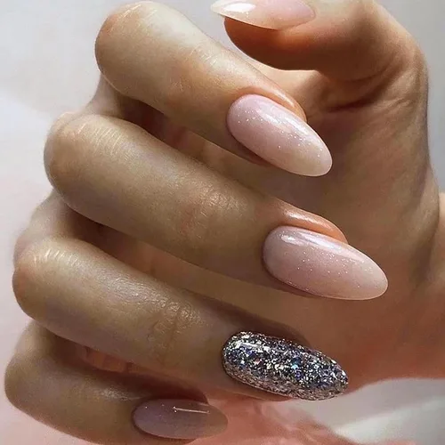 Vista 11 de Uñas postizas a presión medianas con punta francesa de almendra SWEKKE color rosa, cobertura completa, uñas postizas con pegamento rosa y purpurina