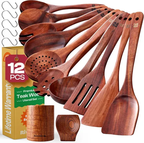 Vista 13 de Riveira Juego de 6 Utensilios de Cocina de Madera de Bambú Marrón de Calidad Premium, No Tóxicos, Resistentes al Calor, Cucharas y Espátula