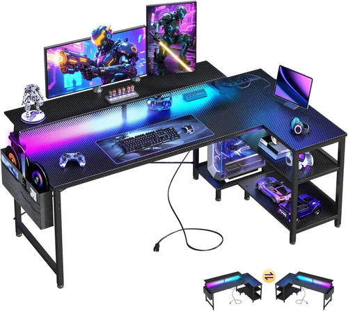 Vista 10 de ODK Escritorio para juegos de 40 pulgadas con tomas de alimentación USB y luces LED, escritorio reversible en forma de L con estantes