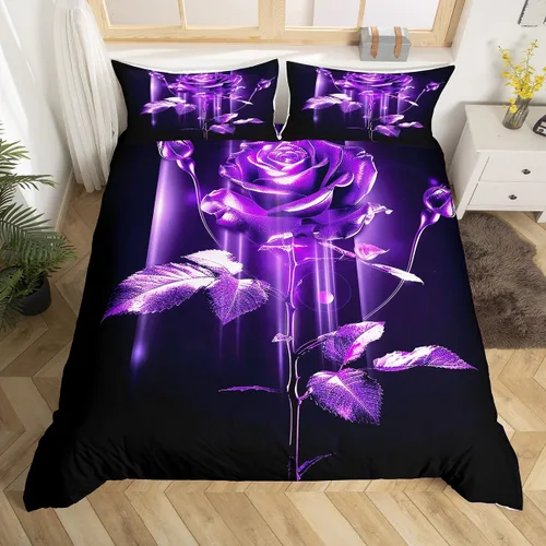 Vista 11 de Feelyou Juego de ropa de cama de rosas rojas de lujo, funda de edredón floral de rosas para niños, adolescentes, niñas, mujeres, funda de edredón