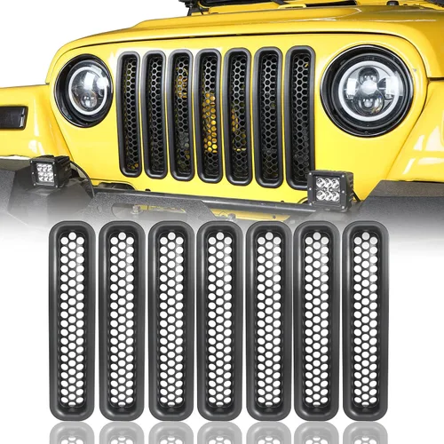Hooke Road Insertos de malla frontal negra con clip para rejilla de panal para Jeep Wrangler TJ & Unlimited 1997-2006 (paquete de 7)