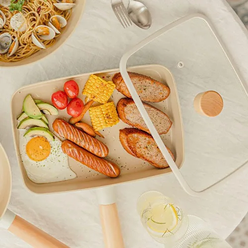 Vista 4 de FIKA - Sartén antiadherente de cocina con tapa de vidrio, sartén grande de tortilla japonesa Tamagoyaki, sartén de cocina saludable con mango