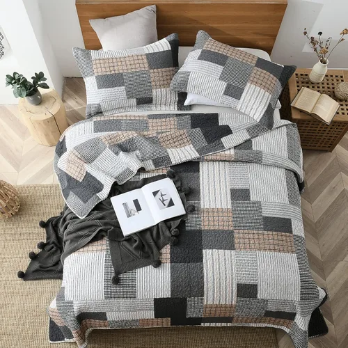 Vista 2 de SahSahCasa Juego de edredón tamaño King, juego de ropa de cama 100% algodón, colcha de retazos de granja, colcha reversible a cuadros ligera