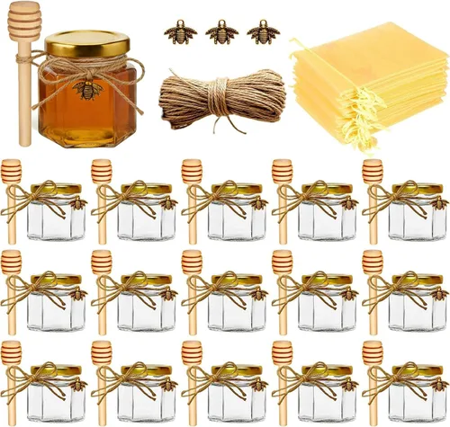 Vista 11 de Adabocute Mini tarros de miel – Tarro hexagonal de miel de vidrio con tapas doradas, cubos de madera, abalorios de abeja y yutes – Pequeños tarros