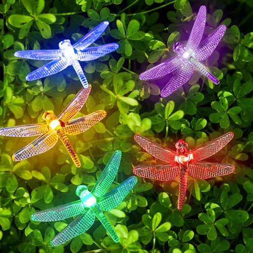 Vista 6 de 20 luces LED solares de libélula, 8 modos de luces de Navidad impermeables al aire libre, 10 pies alimentadas por energía solar, luces de libélulas