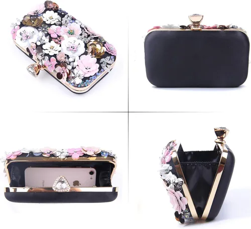 Vista 4 de Bolso de mano con flores para mujer, con cadena, para la noche, bolso de hombro Negro