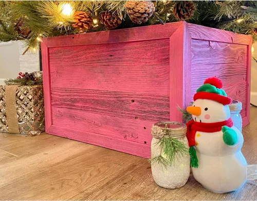 Vista 3 de BARNWOODUSA Collar o Caja para Árbol de Navidad Hecho de Madera Recuperada, Falda Rústica, Bloques de Repuesto, Paneles de Tiras de Velcro, 37x27