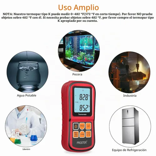 Vista 7 de Proster tester medidor de temperatura con retroiluminación LCD de dos canales con termómetro y termopar digital para clase K/J/T/E/R/S/N, con dos