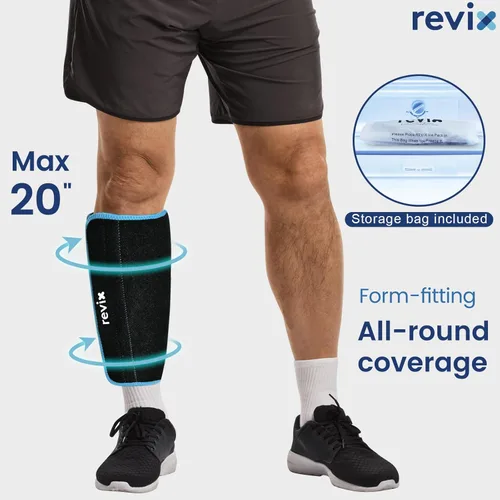 Vista 5 de REVIX XL Shin Ice Pack - Paquete de gel reutilizable para alivio de molestias en pantorrillas y codos, manga de compresión para terapia de frío