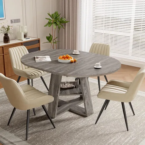 Vista 25 de Aivermel - Juego de mesa de comedor extensible redonda a ovalada para 4 a 6, mesa de cocina de madera con almacenamiento oculto y sillas tapizadas
