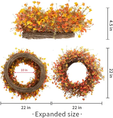 Vista 4 de Coronas de otoño de 22 pulgadas para puerta delantera, corona de otoño de eucalipto naranja artificial con margaritas jazmín, corona de flores