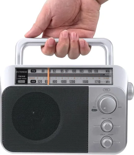 Vista 9 de Retekess TR604 Radio AM FM Portátil de Transistor Analógico con Jack de Auriculares de 3.5mm, Funciona con Pilas o Alimentación CA (Plata, AM FM)