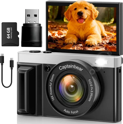 Vista 8 de Cámara digital 4K, cámaras de 64MP para fotografía con zoom digital de 16X, cámara de vlogging con enfoque automático para YouTube, cámara compacta