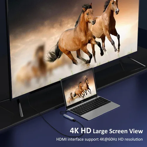 Vista 3 de Adaptador multipuerto USB C Hub 7 en 1, estación de acoplamiento de aleación de aluminio USB C a HDMI, Dongle Lector de tarjetas SD/TF compatible