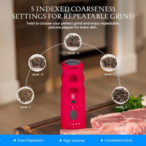 Vista 3 de Molinillo de pimienta BLACK RAIN, grosor ajustable, molinillo de pimienta recargable con luz LED, molinillo de pimienta profesional de grado pesado