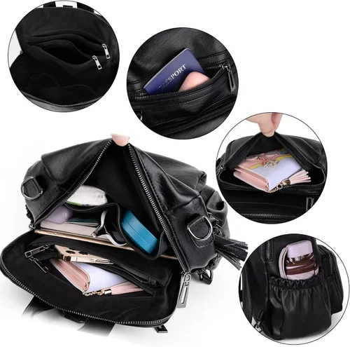 Vista 8 de UTO Mochila de cuero vegano para mujer, diseño de moda, convertible con borla, para viajes, con borla