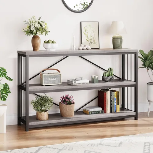 Vista 17 de LVB Mesa consola industrial, mesa de sofá de metal y madera, mesa de entrada rústica con almacenamiento, moderno estante de 3 niveles mesa larga