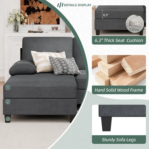 Vista 5 de Vongrasig Camillas seccionales para sala de estar, sofá en forma de U con diván, sofá modular grande moderno de 4 asientos para sala de estar Negro