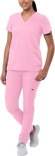 Adar - Uniforme tipo filipina, con camisa de cuello en V y pantalones con bolsillos tipo cargo, para mujer