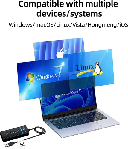 Vista 6 de Divisor USB 3.0 con cable de extensión de 4 pies de largo, extensor multipuerto ultrafino de 4 puertos para computadora de escritorio, laptop y más