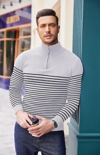 Vista 3 de COOFANDY Suéter tipo polo a rayas con cremallera y cuello alto falso para hombre, casual, ajustado, acanalado, suéter