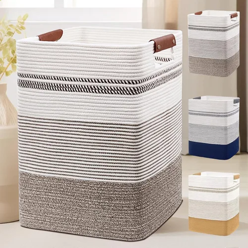 Vista 17 de DOFASAYI Cesta de Ropa Sucia - Cesta de Lavandería Grande de 85L con Asas de Cuero, Cesta de Almacenamiento Decorativa para Mantas - Cesta de Ropa
