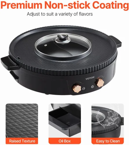 Vista 5 de VEVOR Olla Caliente con Parrilla, Parrilla Eléctrica Sin Humo de 1800W 2 en 1 y Olla Caliente, Parrilla Coreana BBQ Shabu Shabu con Control