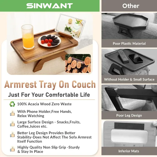 Vista 4 de SINWANT Mesa de Brazo para Sofá, Mesas de Reposabrazos de Sofá de Madera de Acacia, Mesa de Reposabrazos de Sofá con Soporte para Teléfono de 360°