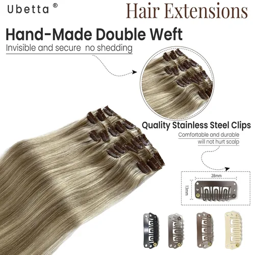 Vista 5 de Extensiones de cabello humano real con clip, rubio ceniza balayage con reflejos rubios, extensiones de cabello humano real Remy con clip, 12