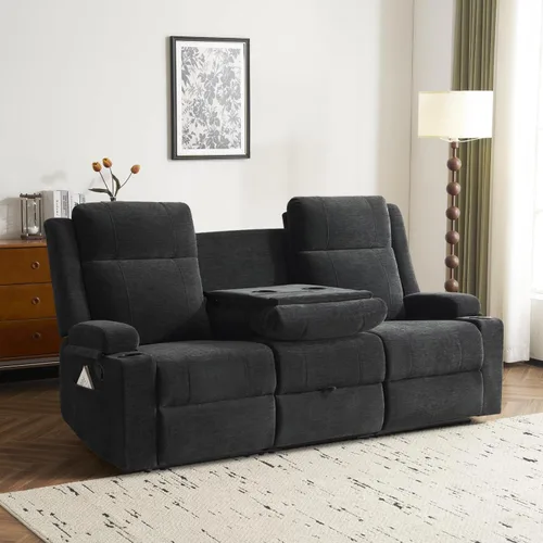 Vista 21 de Sofá biplaza reclinable manual, sofá reclinable de 2 plazas con portavasos, sofá reclinable de tela para sala de estar/RV (negro)