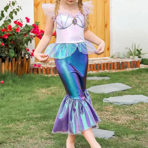 Vista 2 de Disfraz de sirena para niñas pequeñas, disfraz de princesa, Halloween, cosplay, manga mosca, trajes de juego de simulación