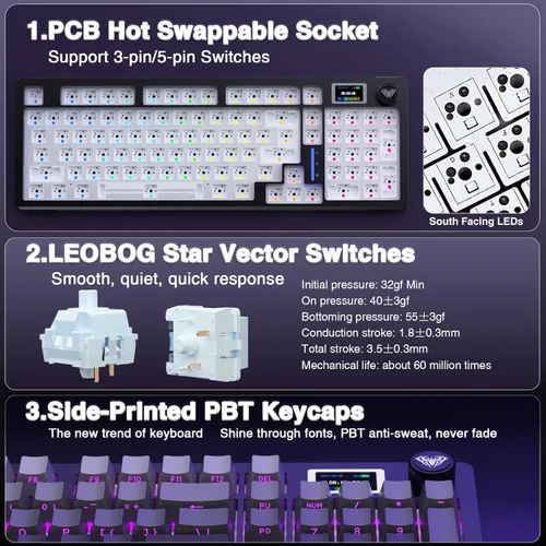 Vista 5 de AULA Teclado mecánico inalámbrico S98 Pro con pantalla y perilla, 2.4 GHzUSB-CBT5.0 Teclado cremoso intercambiable en caliente, interruptores