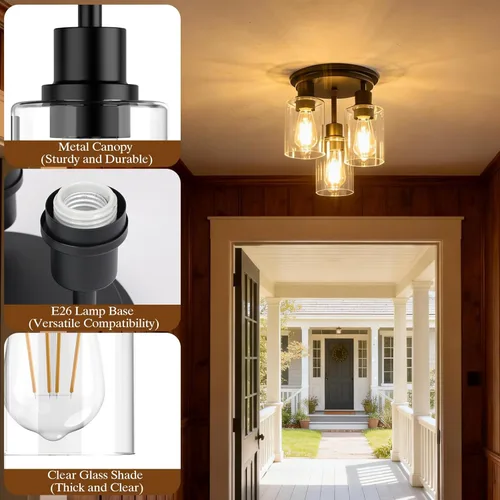 Vista 2 de ROTTOGOON Lámpara de Techo Semiempotrada, Luminarias de Techo Pegadas al Techo, Luminarias de Techo de Cocina de 3 Luces con Pantallas de Vidrio