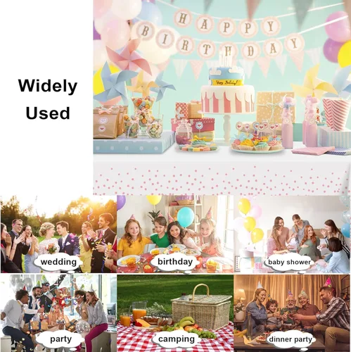 Vista 5 de 2 Pack White and Pink Dot Tablecloth, Pink Plastic Table Cloths for Parties Disposable, 54x108 in Waterproof Rectangular Camping Tablecloth for