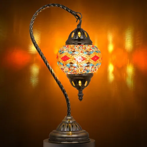 Vista 13 de Marrakech Lámpara de mesa turca marroquí con estilo vintage, lámparas Tiffany hechas a mano con vidrio de mosaico y cuello de cisne, base de bronce