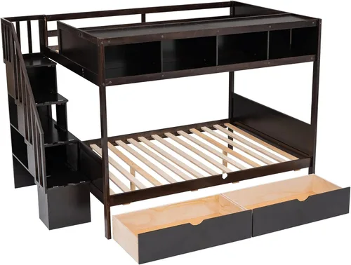 Vista 31 de Elegante litera individual sobre matrimonial con escaleras y barandillas de seguridad, la cama de plumón se puede convertir en sofá cama