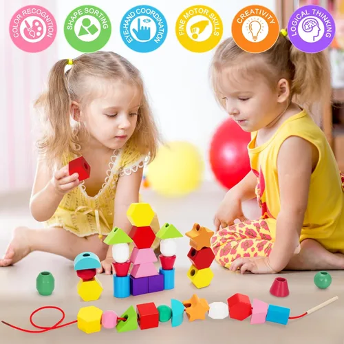 Vista 6 de KIZZYEA Montessori Toys for 2 3 4 5 Year Old Toddler, Wooden Beads Sequencing Toy, Lacing Beads, Stacking Block & Shape Stacker Toy