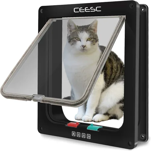 CEESC Puerta para gatos extragrande (tamaño exterior 11 x 9.8 pulgadas), puerta grande para gatos con bloqueo de 4 vías para puertas interiores y