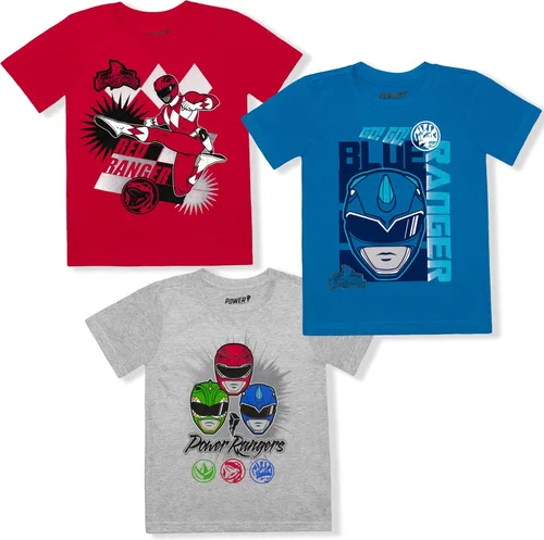 Power Rangers Red Ranger, Blue Ranger and Green Ranger Boys 3 Pack T-Shirts for Little Kids BlueRedGrey