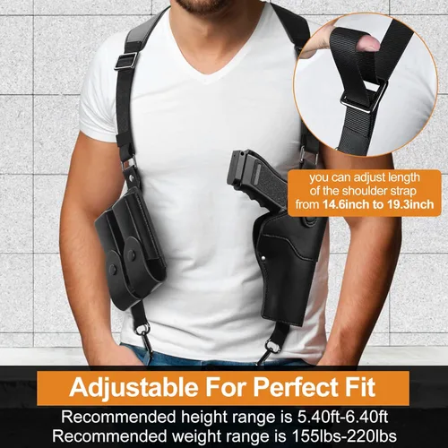 Vista 3 de Funda de hombro, fundas de hombro ajustables de cuero para transporte oculto con doble bolsa de revista, compatible con 1911, Glock 17/19/23