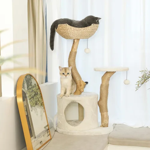 Vista 3 de Árbol moderno para gatos pequeños de interior, torre para gatos de madera real con poste para rascar, recinto oculto, único, bohemio, blanco