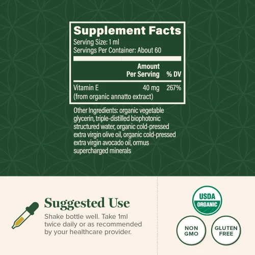 Vista 3 de Global Healing - Gotas líquidas orgánicas de vitamina E de 40 mg - D-alfa tocoferol natural 15% α-tocoferol - Aceite de vitamina E líquido vegano