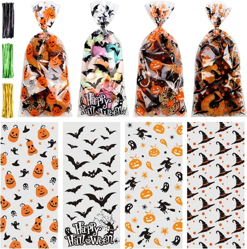 STEFORD Bolsas de celofán de Halloween, 180 bolsas de regalo de celofán transparente para Halloween, suministros de regalos de fiesta